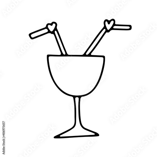 Doodle cocktail for two. Outline glass with straws isolated on white background. Crockery with hearts sign of love. Valentine's day, date, wedding romantic symbol. Vector festive cute illustration