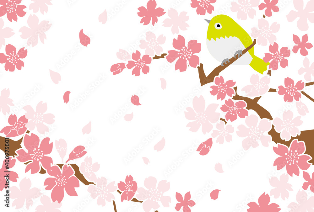 満開の桜とウグイスのシンプルな背景素材