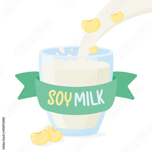 Soy milk with soy beans poured into a clear glass for drinking in the morning. Health care concept