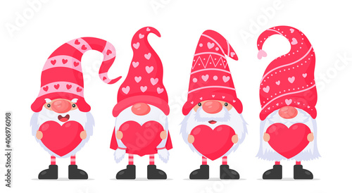Dwarfs or gnomes hold pink heart balloons. For valentine's day greeting card