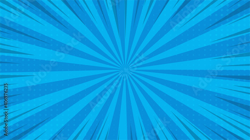 Abstract background comic cartoon blue zoom lines with halftone pattern.