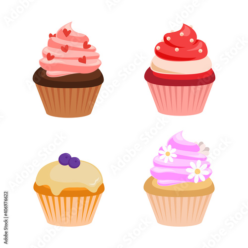 Cute colorful cream cupcakes of different taste and color. Flat vector dessert decoration clip art set.