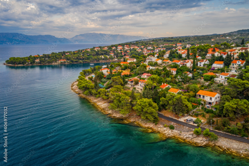 Aerial panoramic drone view on village Splitska on Brac island, Croatia. August 2020
