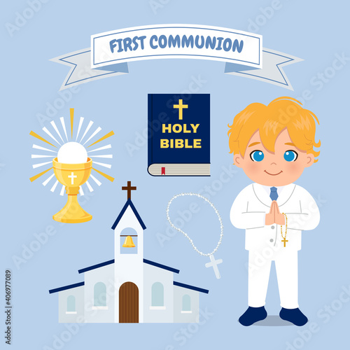 Cute blonde boy first communion clip art bundle set. Religious flat vector design of bible, sacrament, church, rosary.