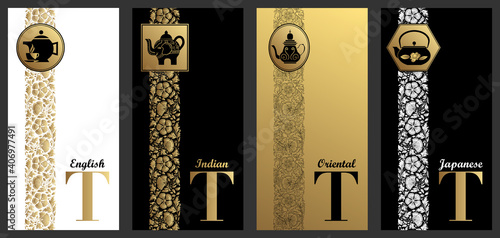 4 flyer or, blanc et noir, composés d’une bande florale et de 4 logos avec des théières symbolisant différentes qualités de thé - anglais, indien, oriental et jalonnais.