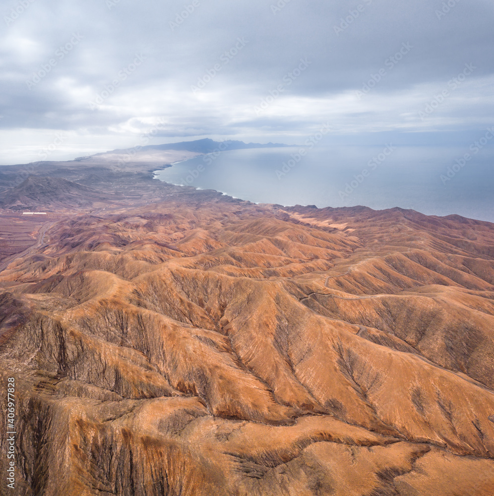 Fototapeta premium Fuerteventura Mountains and Coastline Aerial View