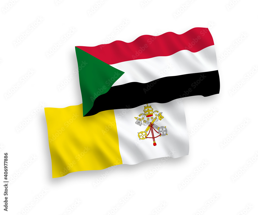 Fototapeta premium National vector fabric wave flags of Vatican and Sudan isolated on white background. 1 to 2 proportion.