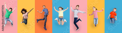 Happy Diverse Kids Jumping Posing Over Different Colorful Backgrounds, Collage photo