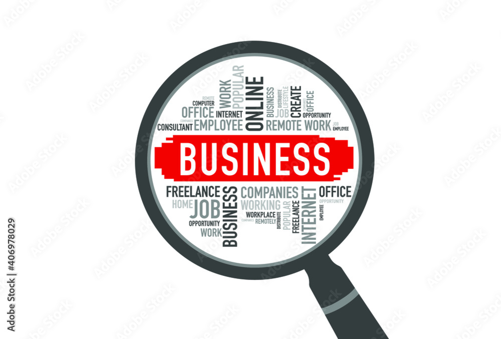 BUSINESS word cloud with magnifying BUSINESS word cloud with magnifying