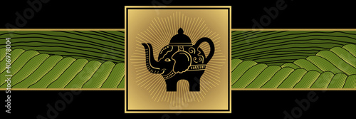 Bannière composée d’une bande avec des champs de thé dessinés et d’un logo carré avec une théière en forme d’éléphant.