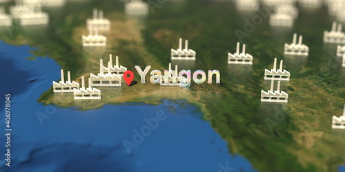 Factory icons near Yangon city on the map, industrial production related 3D rendering