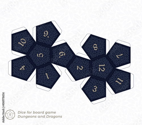 Vector paper cut model of 12 sided dice for board games. White background.