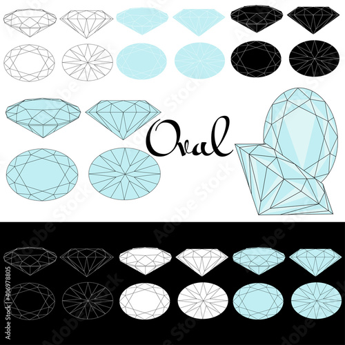 Oval cut. Cutting gems stones. Types of diamond cut. Four sides of jewelry with facets for background, carving and coloring. Black, white and color variants.