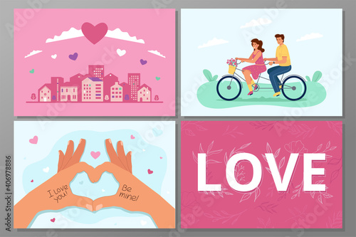 Set of illustrations for Valentine's Day. Romantic couple riding a bicycle, hands in a heart gesture, pink city, Love inscription. Templates for postcards, banners, and prints.