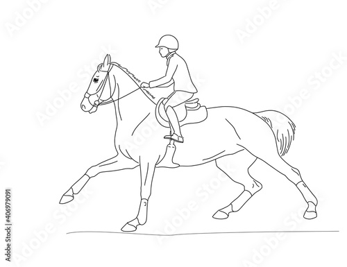 Equestrian athlete and horse galloping and sliding in the equestrian arena.