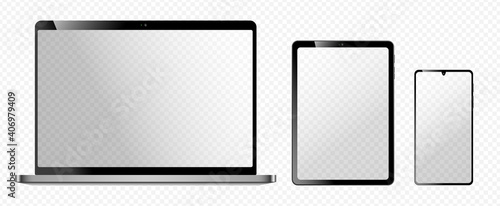 realistic electonic device mockups, shiny laptop, tablet computer and smartphone vector illustration