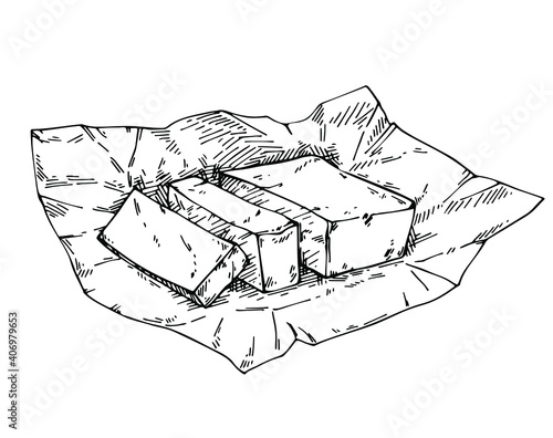 Ink Hand drawn Butter. Fresh slice, block of butter on the paper packing. Sketch Piece of butter.