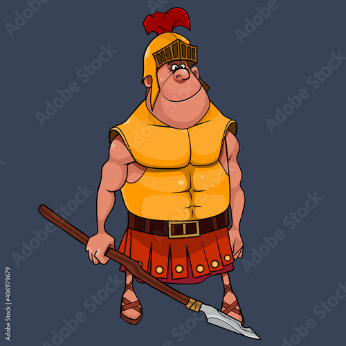 cartoon character muscular man in the uniform of a roman legionary standing with a spear in his hand