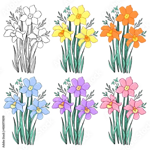 Set of bouquets of spring flowers. Line art. Vector graphics. Isolated elements. © iuvmiro