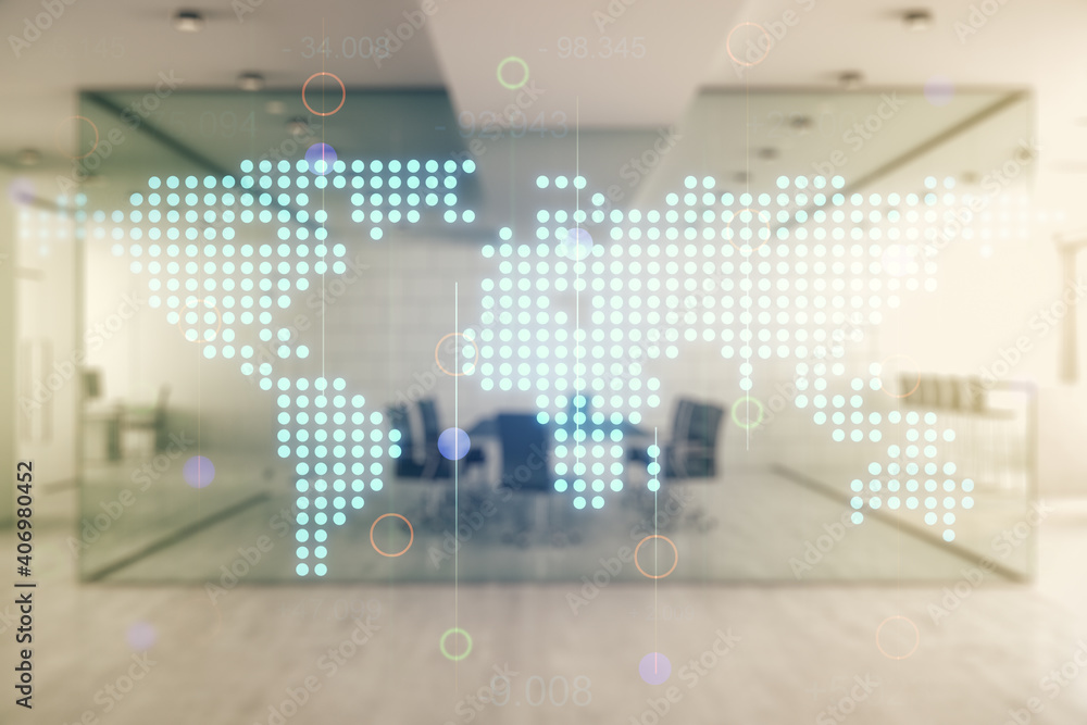 Multi exposure of abstract graphic world map on a modern furnished classroom background, big data and networking concept Multi exposure of abstract graphic world map on a modern furnished classroom background, big data and networking concept
