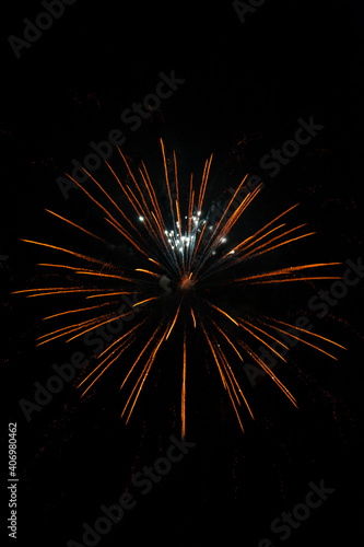 Beautiful firework display, show or pyrotechnics used mostly to end a festival, a party or a holiday such as 4th of July or New Year, artificial sky light propelled for crowds joy and entertainment