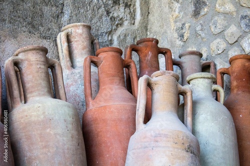 Pompeii, Italy, June 26, 2020 amphorae in an ancient deposit found after the excavations later to the eruption of the volcano Vesuvius in 79 AD.