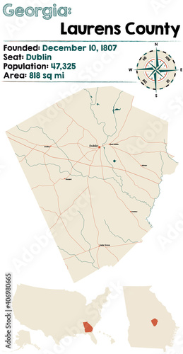 Large and detailed map of Laurens county in Georgia  USA.