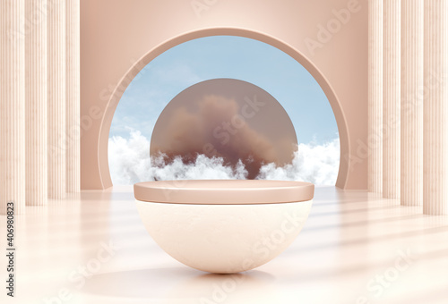 Abstract minimal scene with product podium and clouds. Podium 3d rendering minimal background with product stage platform. Abstract pastel background mock-up scene for product display. © alexey_boldin