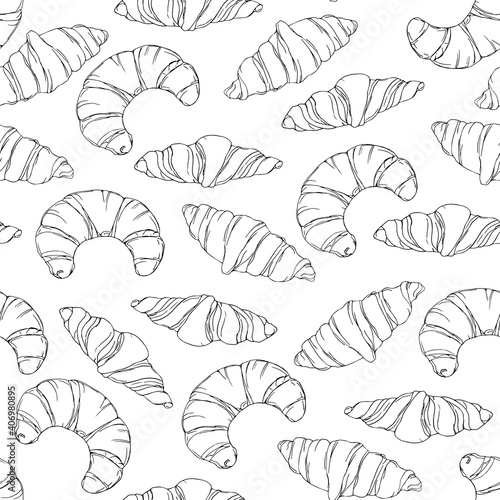 Black and white seamless pattern with croissants. Contour drawing of baking on a white background. Template for cafe, menu, paper.