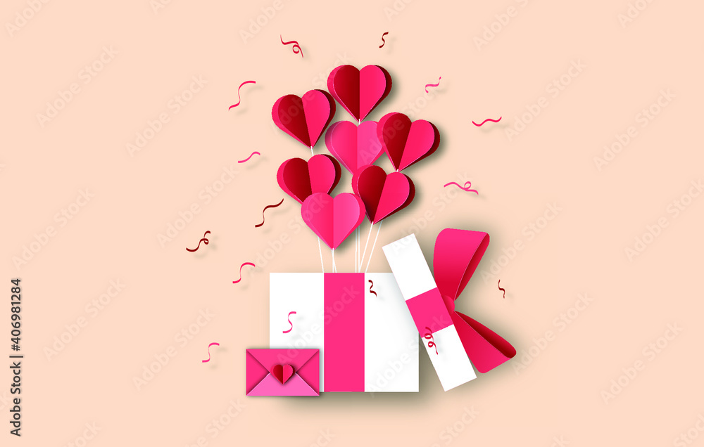 Open gift box with confetti and heart-shaped balloons. Paper cutting