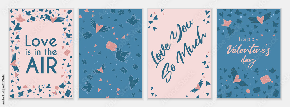 Collection of Valentines day cards and other flyer templates in pale pink and blue palette. Typography poster, card, label, banner design set. Vector illustration EPS10