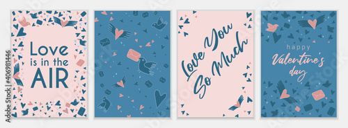 Collection of Valentines day cards and other flyer templates in pale pink and blue palette. Typography poster, card, label, banner design set. Vector illustration EPS10