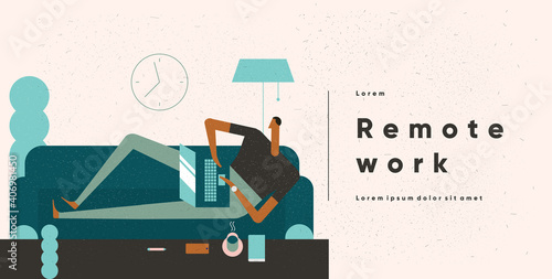 Man working at home on the couch with a laptop. Remote work at home in quarantine. Stay home. Vector illustration in flat cartoon style.