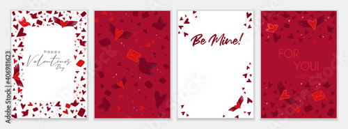 Collection of red, burgundy and white colored Valentines day cards and other flyer templates with lettering. Typography poster, card, label, banner design set. Vector illustration EPS10