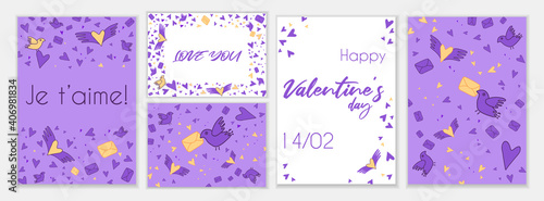 Collection of red, burgundy and white colored Valentines day cards and other flyer templates with lettering. Typography poster, card, label, banner design set. Vector illustration EPS10
