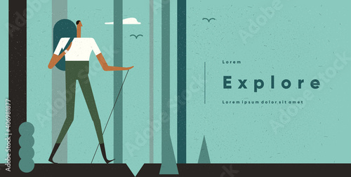 The man walks through the woods.  People, adventure and tourism. Vector illustration in flat cartoon style.