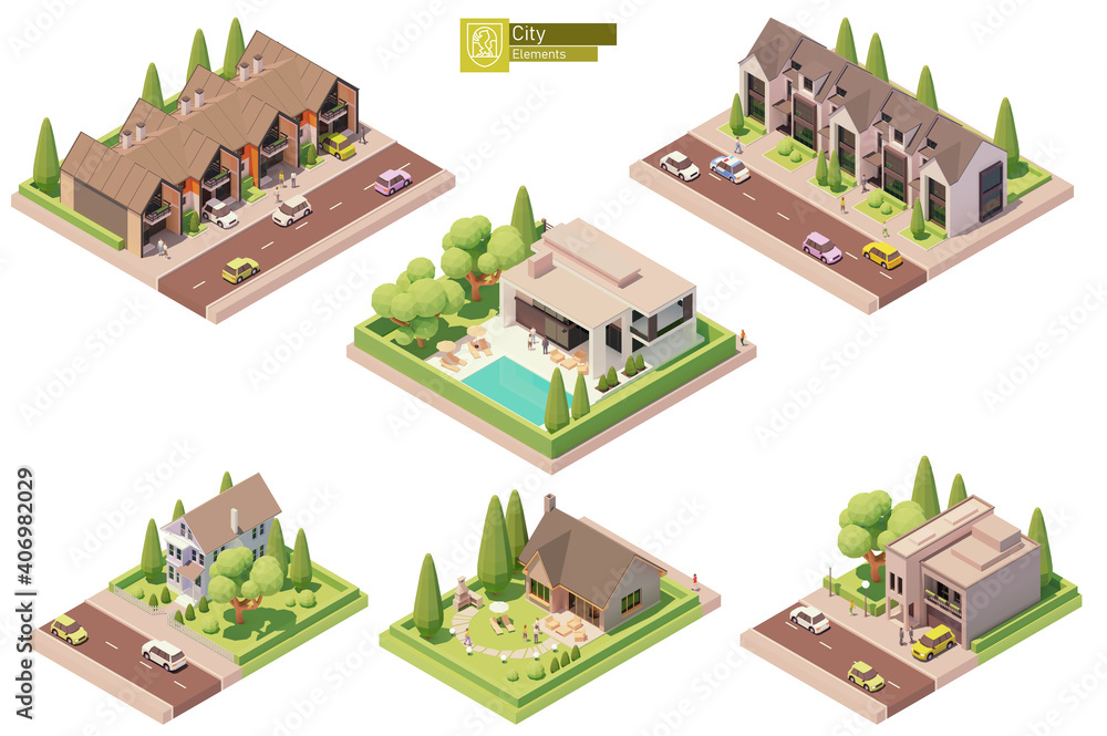 Vector isometric buildings and street elements set. Suburban and village houses, homes. Isometric city or town map construction elements