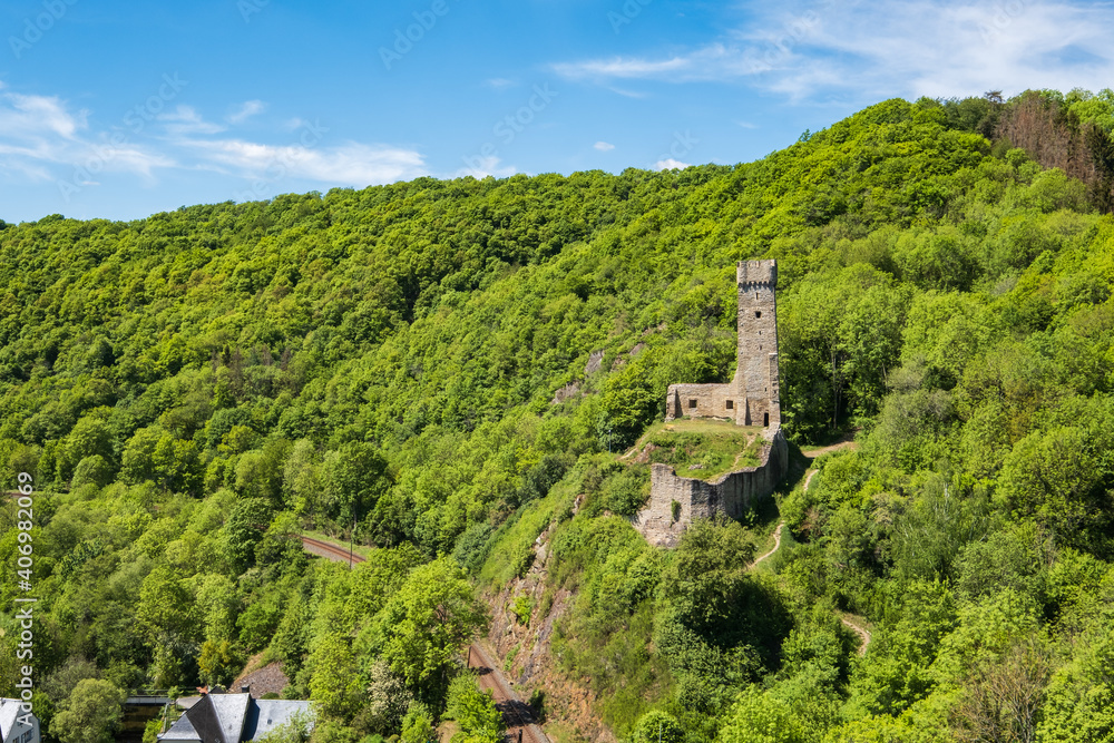 View of the ruins of the Philippsburg in Monreal / Germany in the Eifel