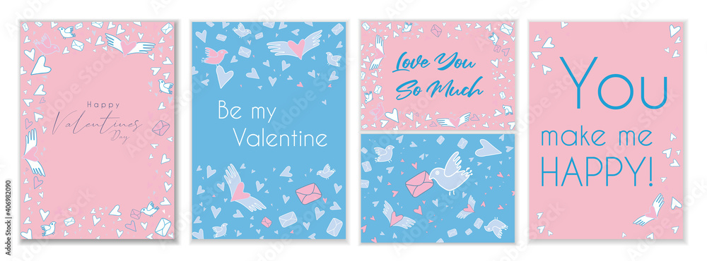 Valentines day cards in pastel shades of pink and blue. Typography poster, card, label, banner design set. Vector illustration EPS10