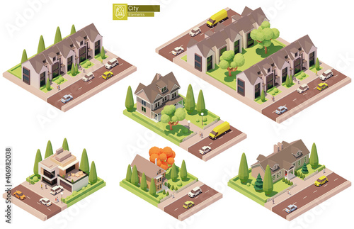 Vector isometric buildings and street elements set. Suburban and village houses, homes. Isometric city or town map construction elements