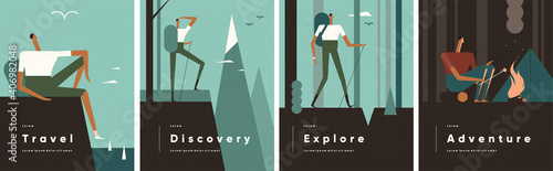 Set of 4 posters. The man looks at the sea,  looks at the mountains, walks through the woods, sits by the campfire. People, adventure and tourism. Vector set illustration in flat cartoon style.