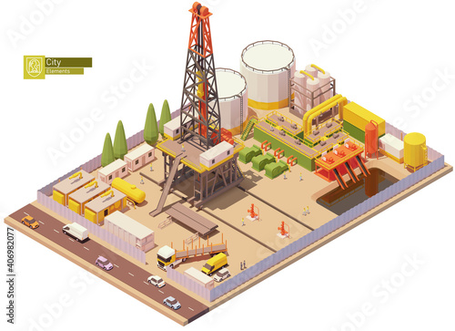 Vector isometric oil and gas land drilling rig. Oil land rig drilling wells for petroleum production or extraction. Isometric city map elements