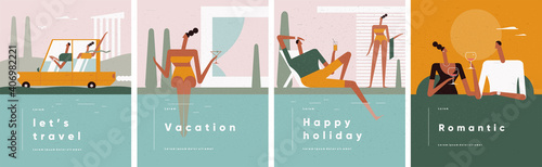 People on vacation. Summer vacation, travel and vacation by the sea. The girl at the pool. A couple in the car. Poolside couple. Romantic dinner. Vector set illustration in flat cartoon style.