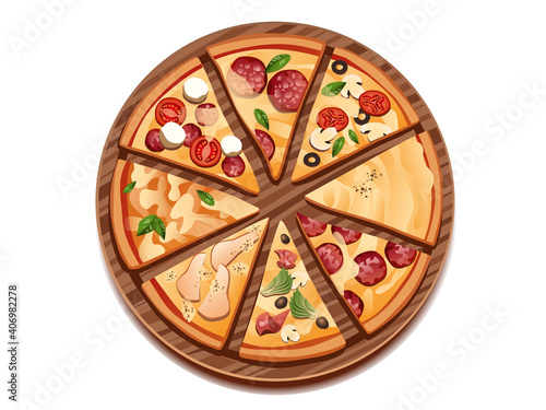 Fresh hot slices pizza with delicious ingredients, with various toppings pepperoni, gorgonzola, margarita,  capricciosa, cheesecake, fast food on chalkboard white background- Top view vector illustrat