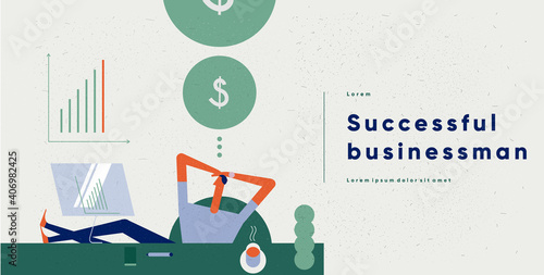 Business concept illustrations. A man is happy with his business success, looks at the statistics in the monitor. Vector illustration in flat cartoon style.