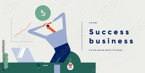 Business concept illustrations. A man is happy with his business success, looks at the statistics in the monitor. Vector illustration in flat cartoon style.