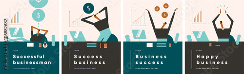Business concept illustrations. A man is happy with his business success, looks at the statistics in the monitor. Vector illustration in flat cartoon style.