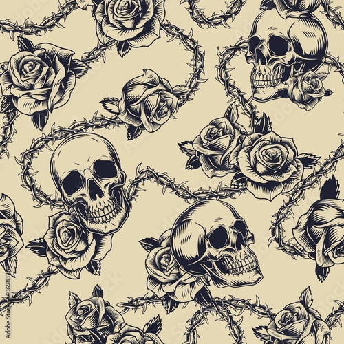 Vintage monochrome tattoos seamless pattern