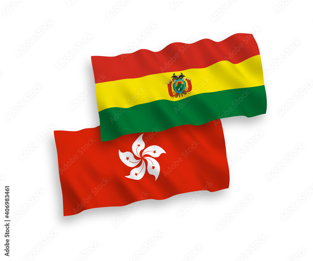 Fototapeta premium National vector fabric wave flags of Bolivia and Hong Kong isolated on white background. 1 to 2 proportion.