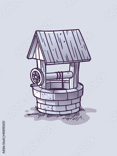 Vintage water well vector illustration in aged woodcut style